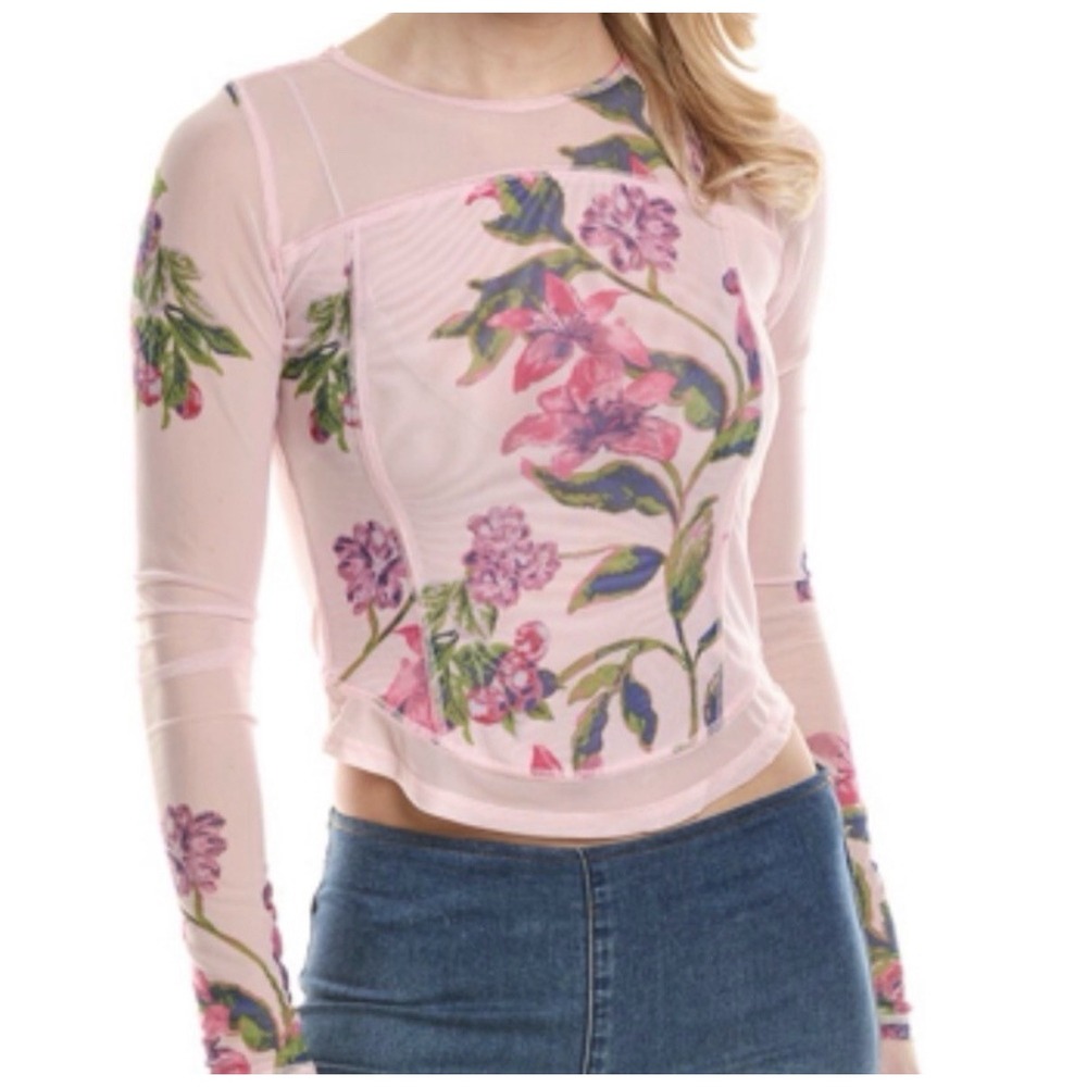 Free People XS Betty's Garden Long Sleeve Pink Semi Sheer Mesh Fairycore Y2K